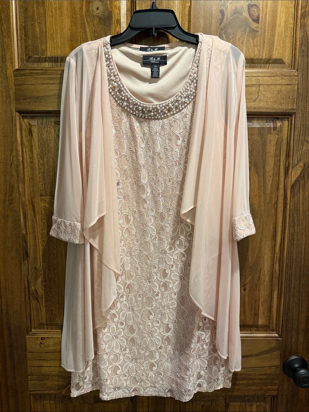 R&M Richards Light Blush Lace Dress with Pearl Collar